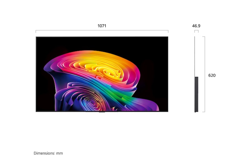 Een LG OLED evo AI C6, weergegeven van de voorkant en van de zijkant, heeft een 48 inch scherm met een breedte van 1071 mm, een totale hoogte van 620 mm en een ultradunne diepte van 46,9 mm zonder standaard.